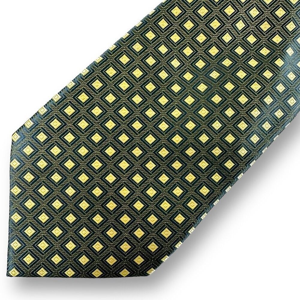 Bergamo New York Men's Geometric Square Grid Print Necktie Green Blue Gold